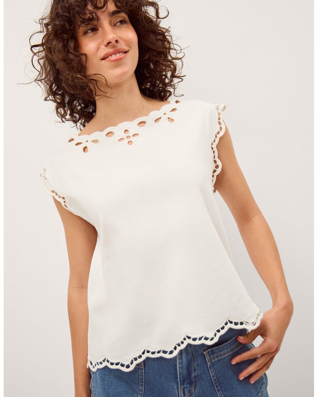Monsoon White Gaia Floral Cutwork Top Ivory
