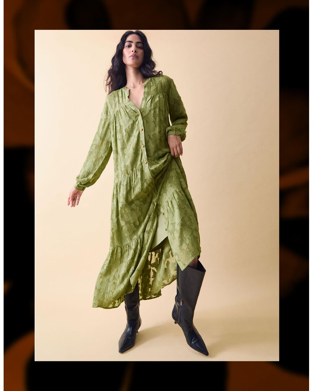 Monsoon Clemence Sylvie Burnout Tiered Maxi Dress Green