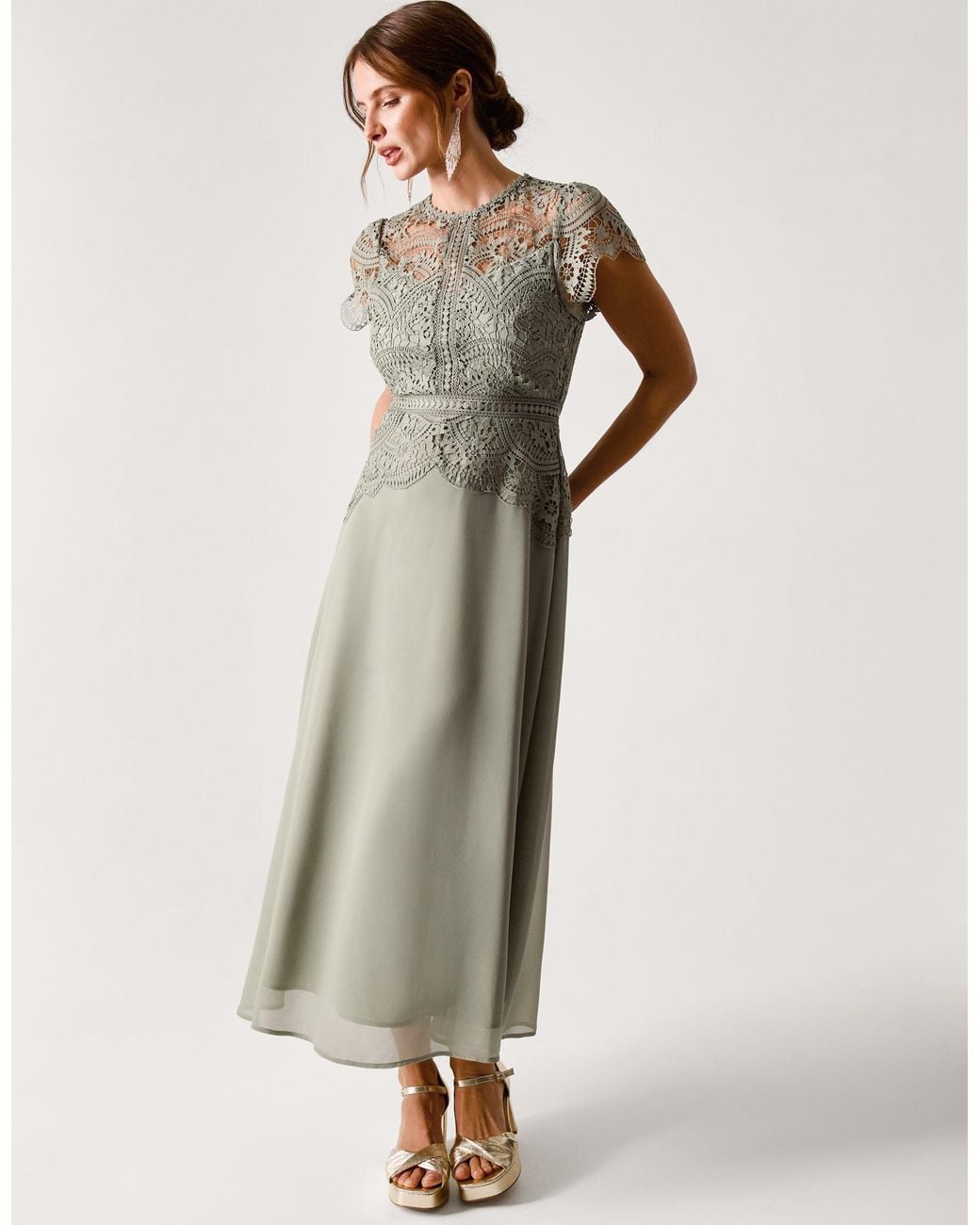 Monsoon Women's Light Green Floral Lace Monica Midi Bridesmaid Dress, Size: 20
