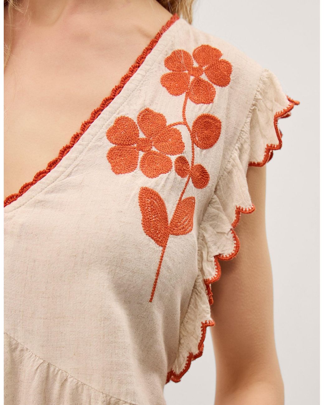Monsoon Orange Rhea Embroidered Linen Blend Top Natural