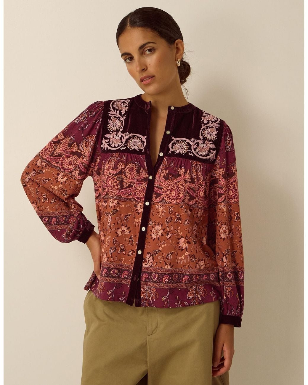 Monsoon Brown Hunter Floral Print Jersey Shirt Red