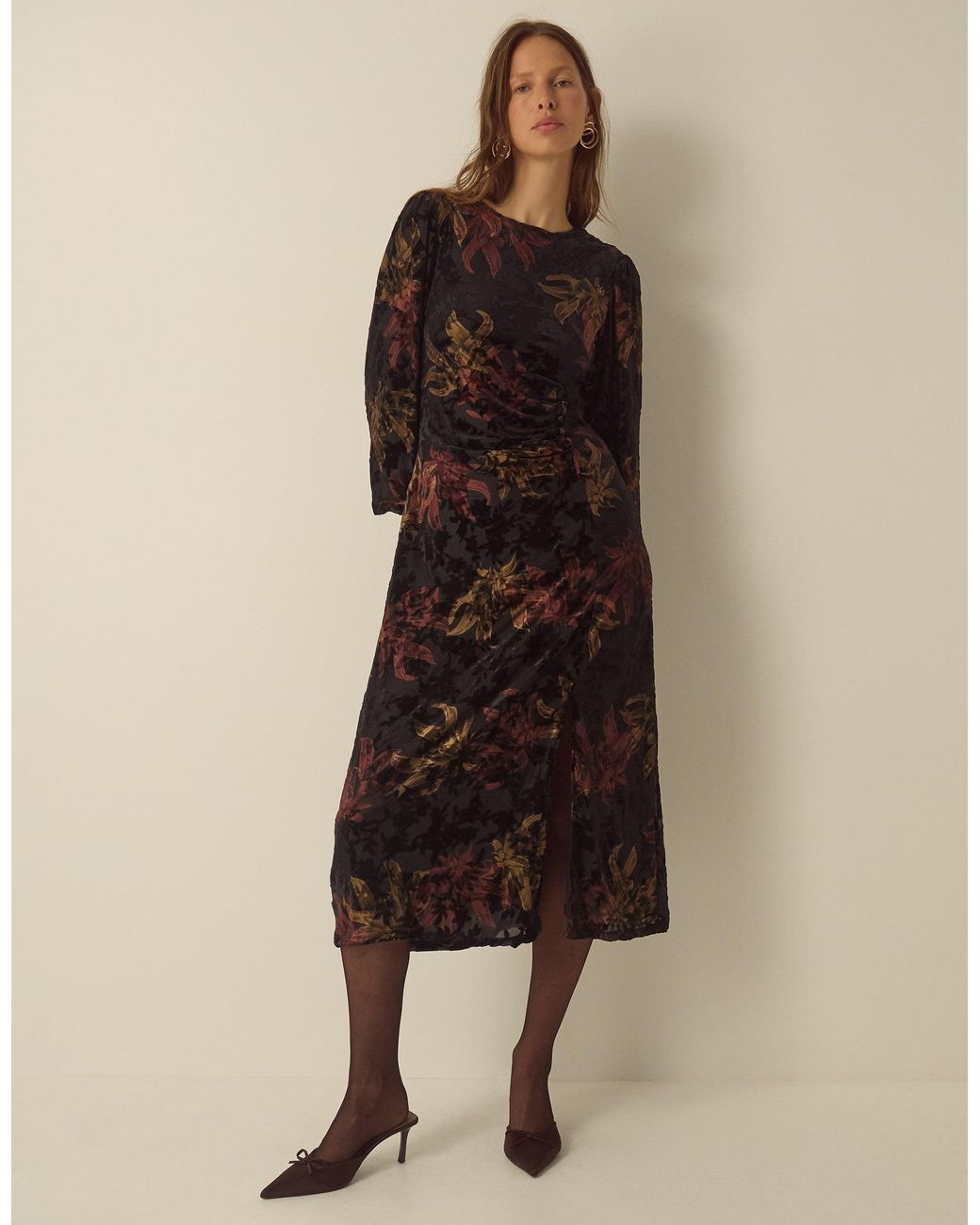 Monsoon Natural Dora Long Sleeve Floral Devoré Midi Dress Black
