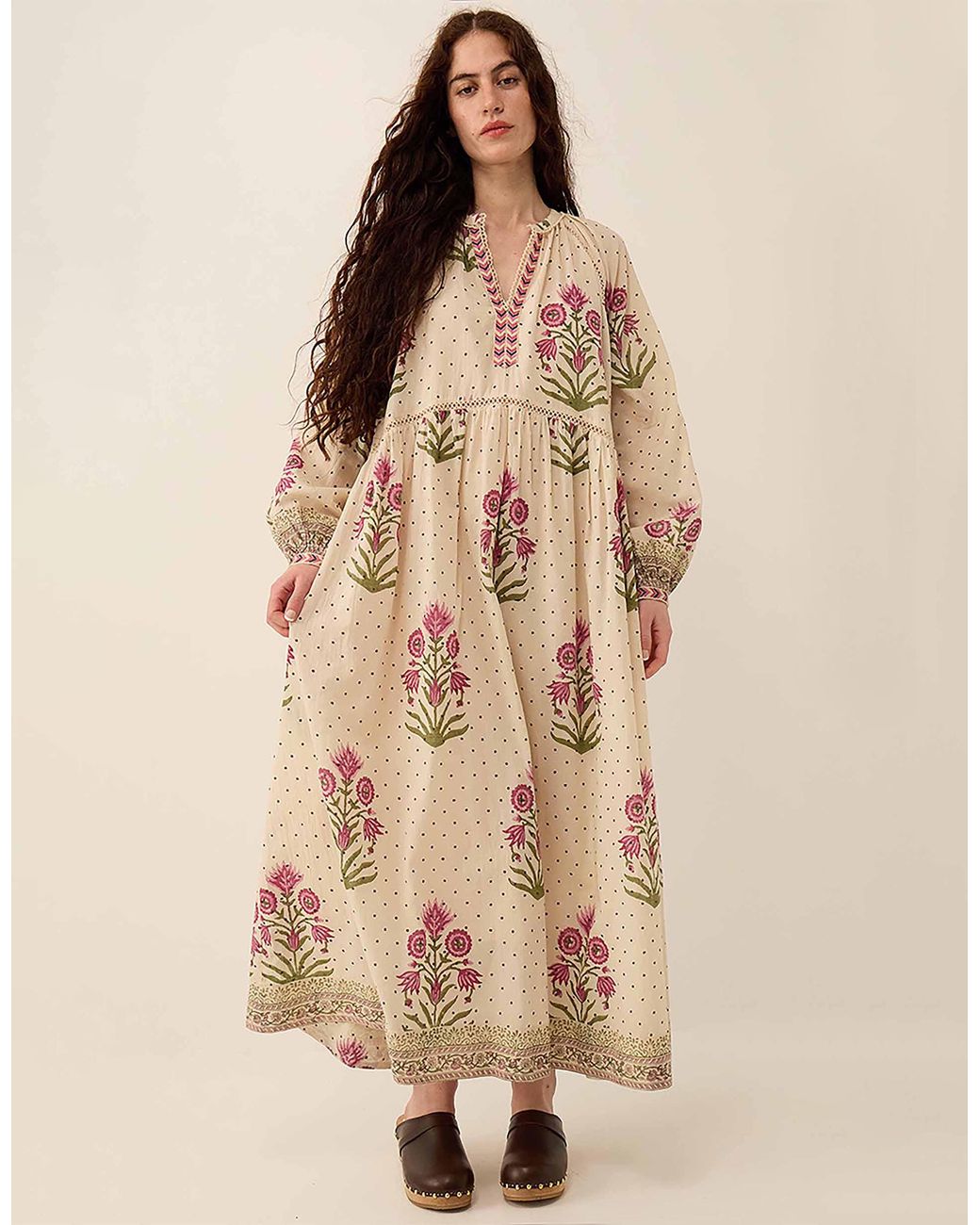 Monsoon Natural East Roza Hand-woodblock Floral Cotton Dress Multi
