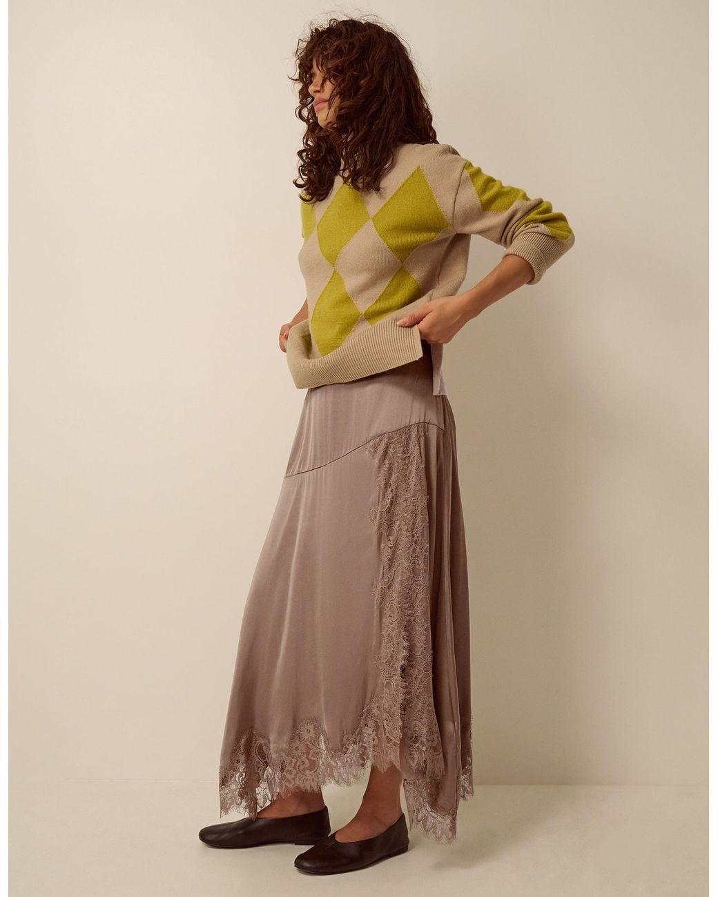 Monsoon Natural Shelby Satin Lace Maxi Skirt Mink