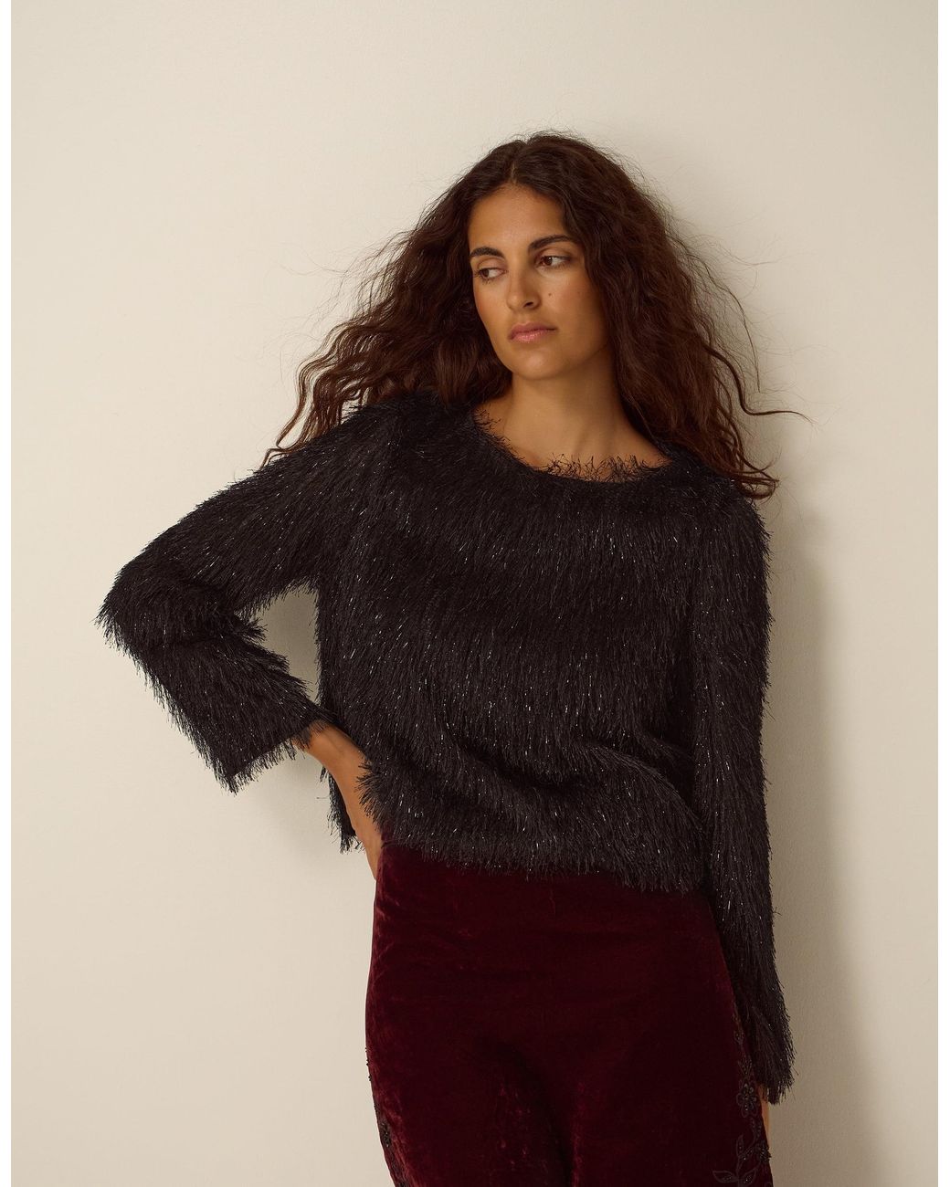 Monsoon Tessa Long Sleeve Fringe Top Black