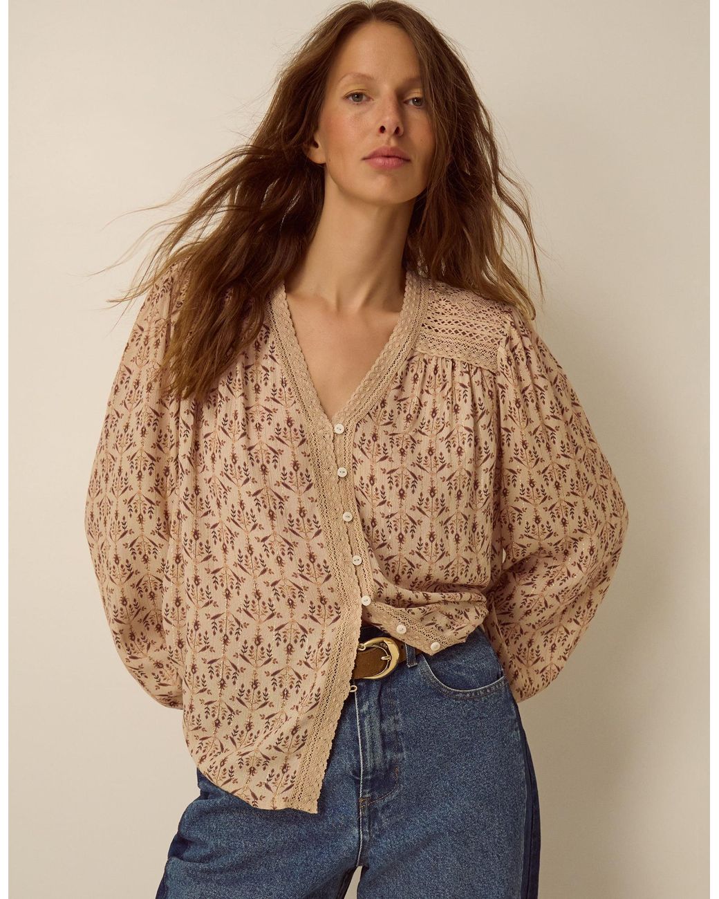 Monsoon Brown Women's Cream Dainty Print Clementine Lace Top, Size: S