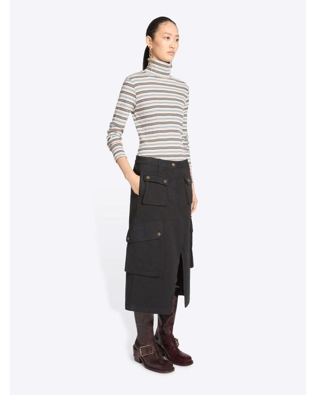 Dries Van Noten Black Midi Cotton Cargo Skirt