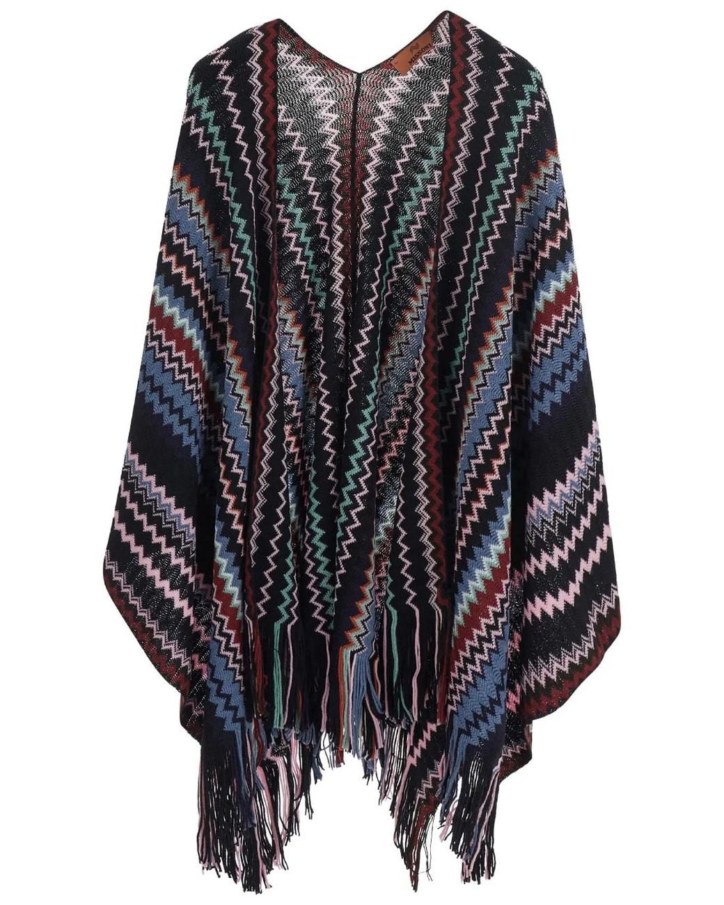 Missoni Blue Zig-Zag Knit Poncho With Fringes