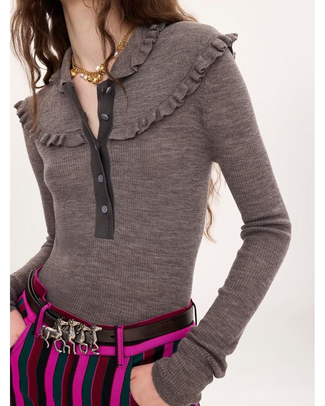 Chloé Gray Slim-fit Henley Shirt In Ultra-thin Wool Knit