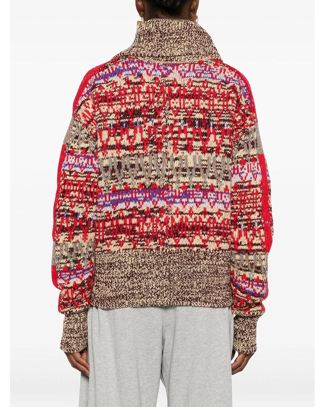 Dries Van Noten Red Oversized Jacquard Wool Cardigan