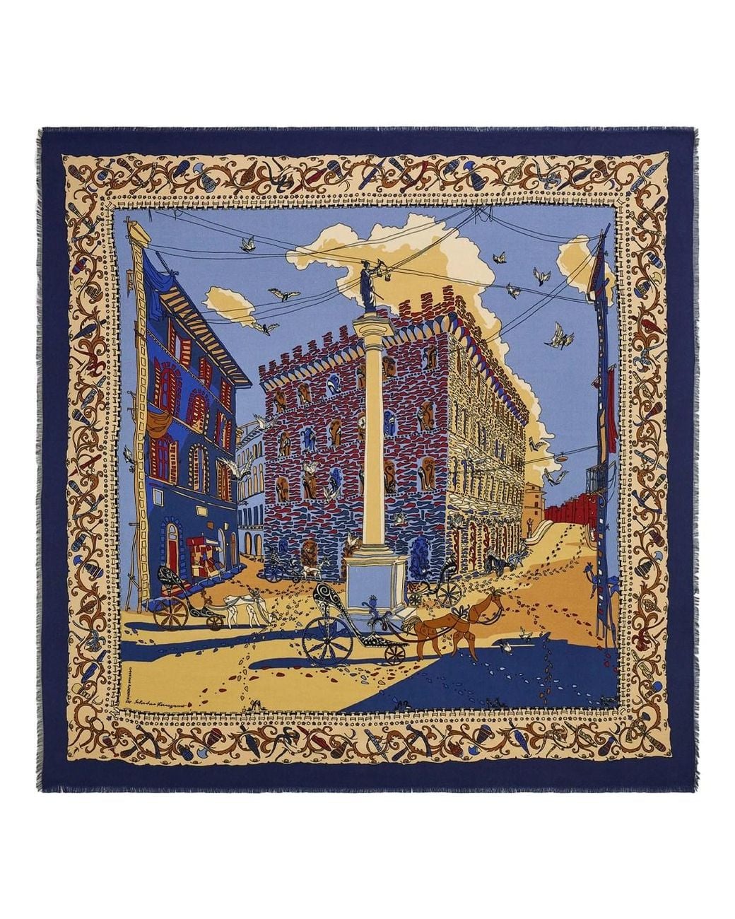 Ferragamo Blue Palazzo Spini-Feroni Patterned Shawl