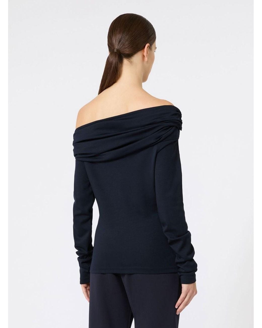 Max Mara Blue Wool Off-The-Shoulder Draped Top