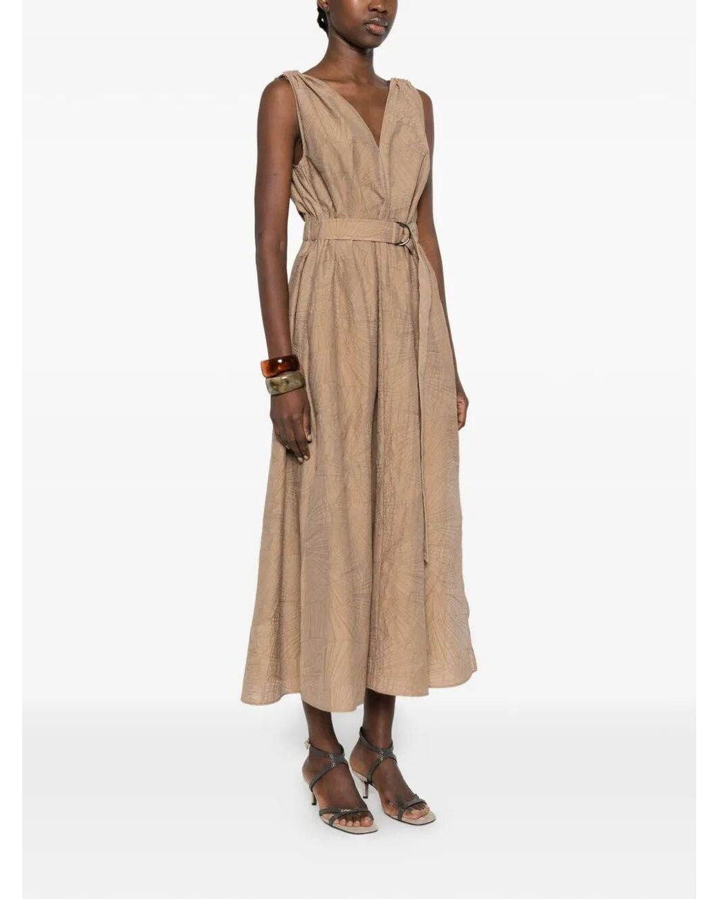 Brunello Cucinelli Natural V-Neck Belted Midi Dress