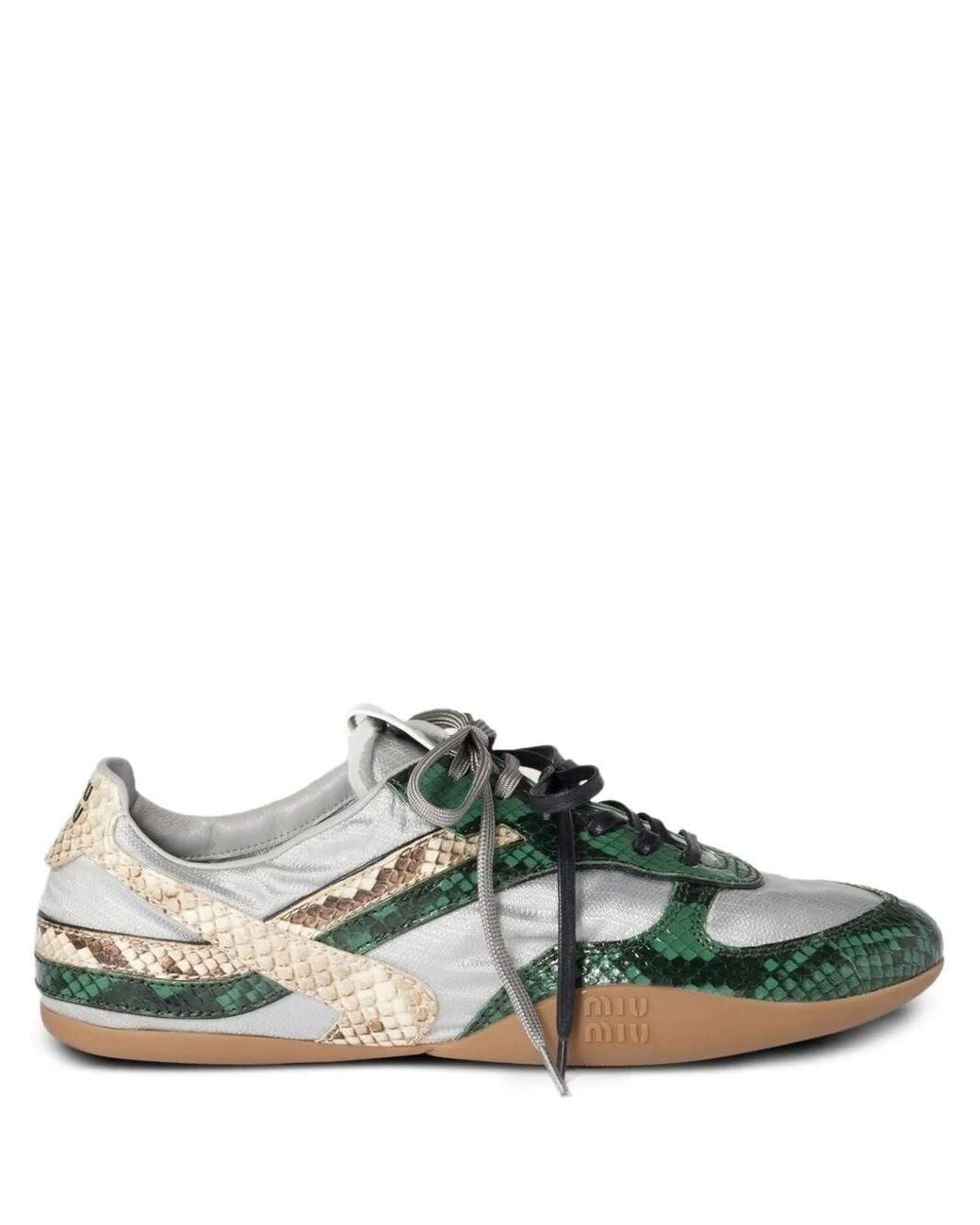 Miu Miu Green Gymnasium Technical Fabric And Python-Print Ayers Leather Sneakers Shoes