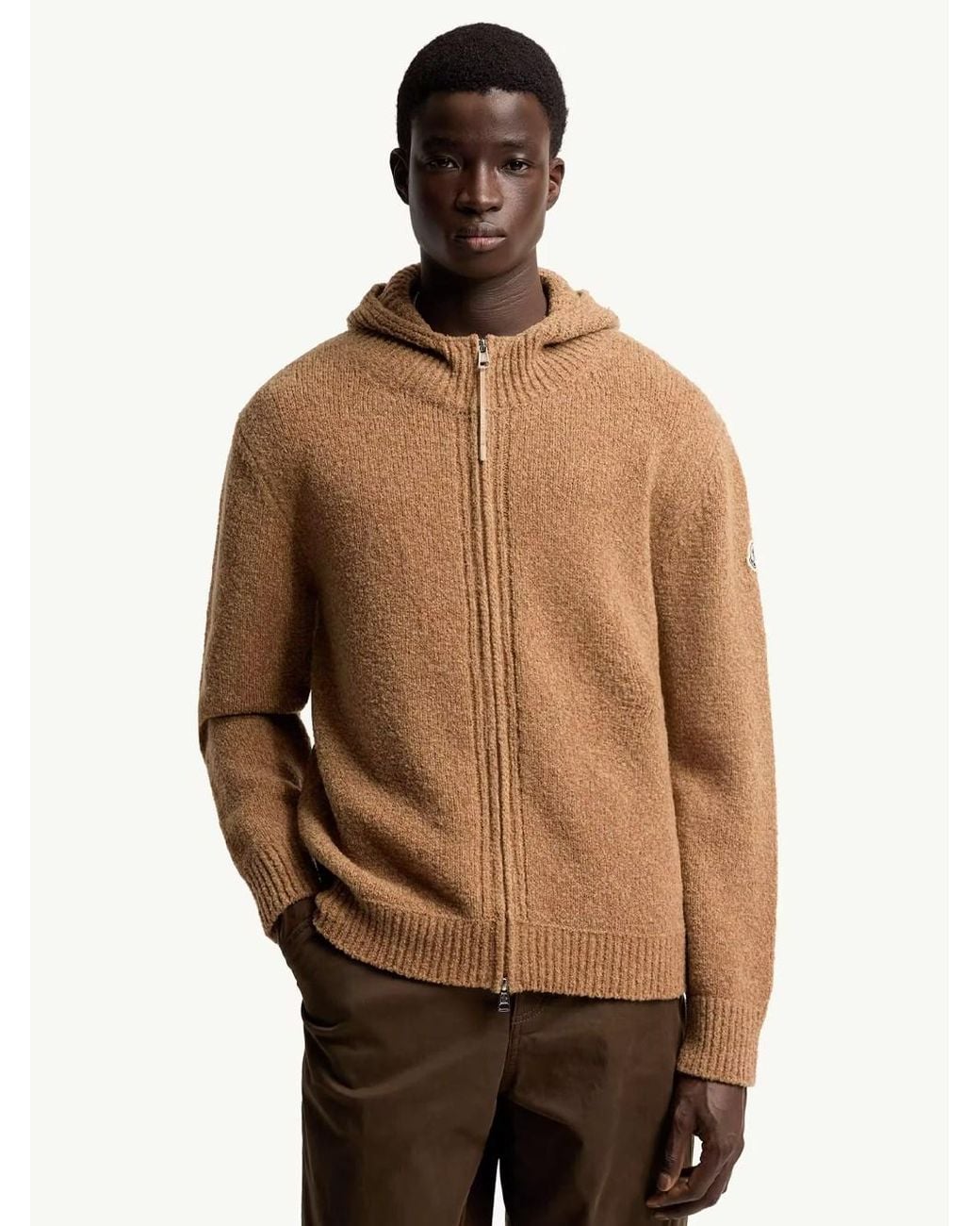 Moncler Brown Zip-up Hoodie In A Bouclé Wool Blend for men