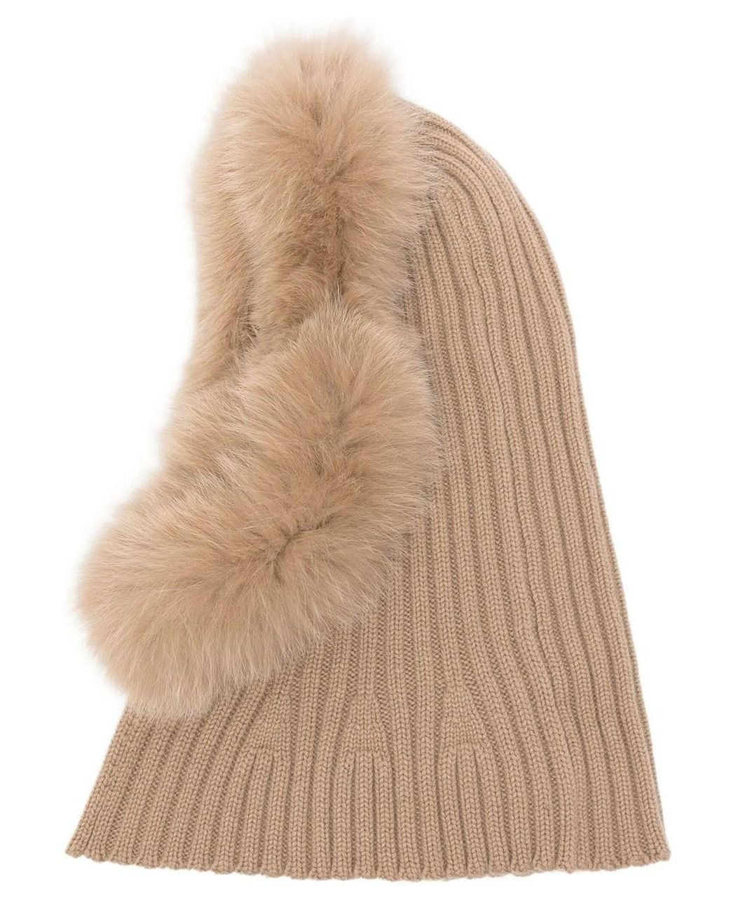 Yves Salomon Natural Ribbed Wool And Cashmere Balaclava With Fur Trim