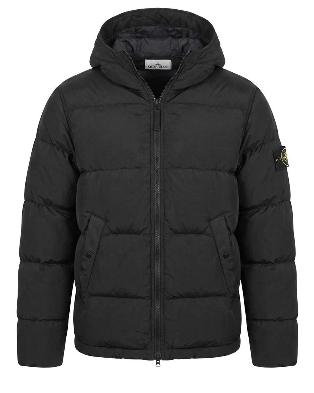 Stone Island Black Down Jacket With Hood And Drawstring Hem for men