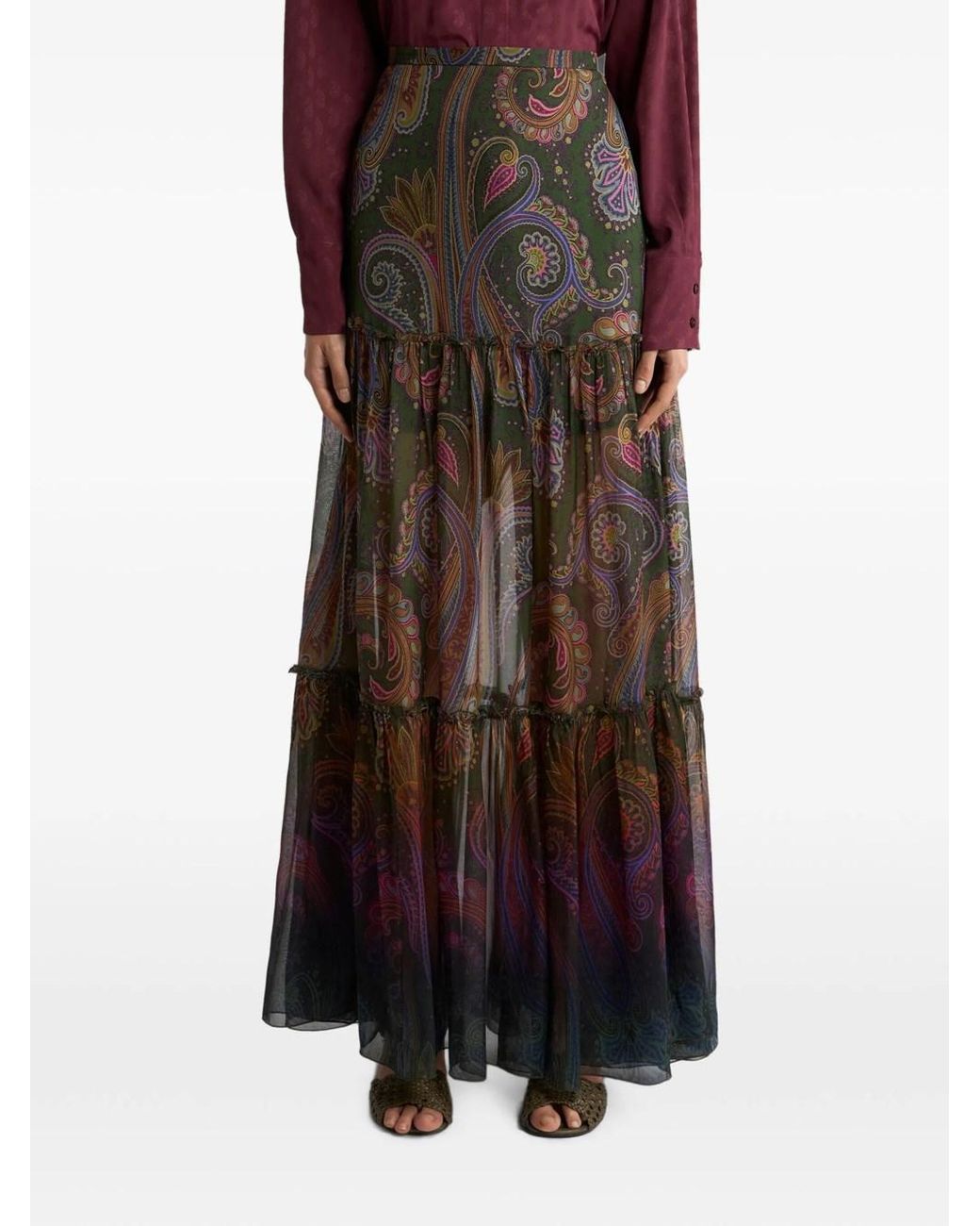 Etro Brown Silk Maxi Skirt With Placed Paisley Print