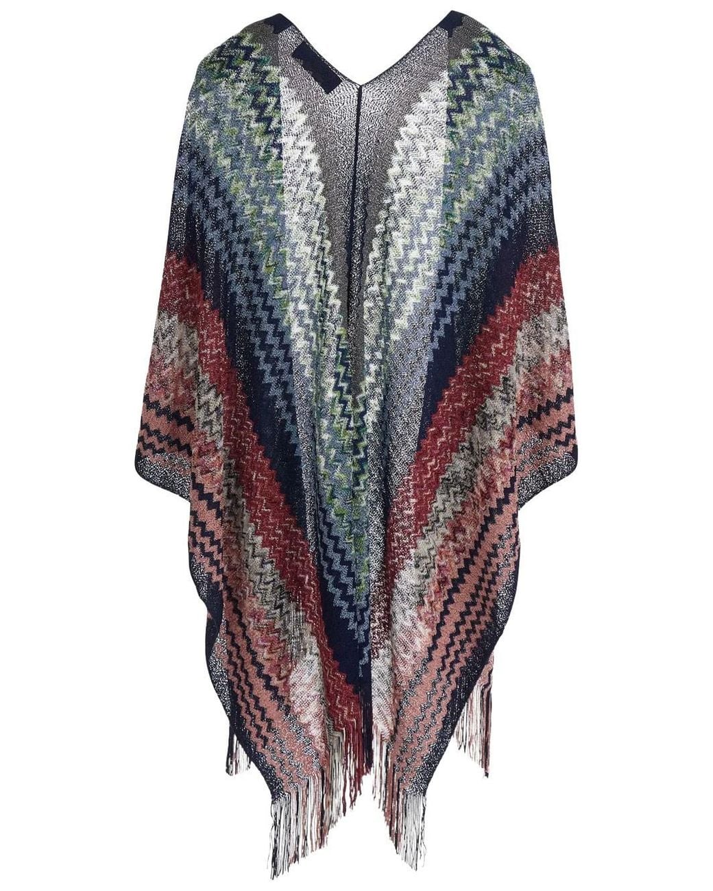 Missoni Blue Zig-Zag Lurex Knit Poncho With Fringe