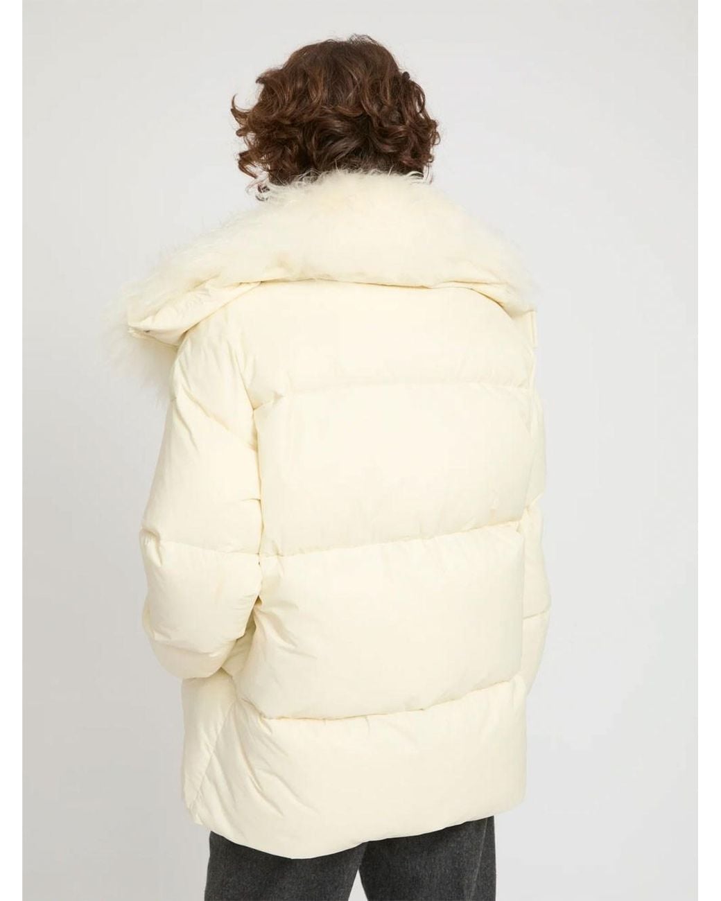 Yves Salomon Natural Ys Army Collection: Mid-Length Down Jacket With Removable Bib And Lambswool Trim
