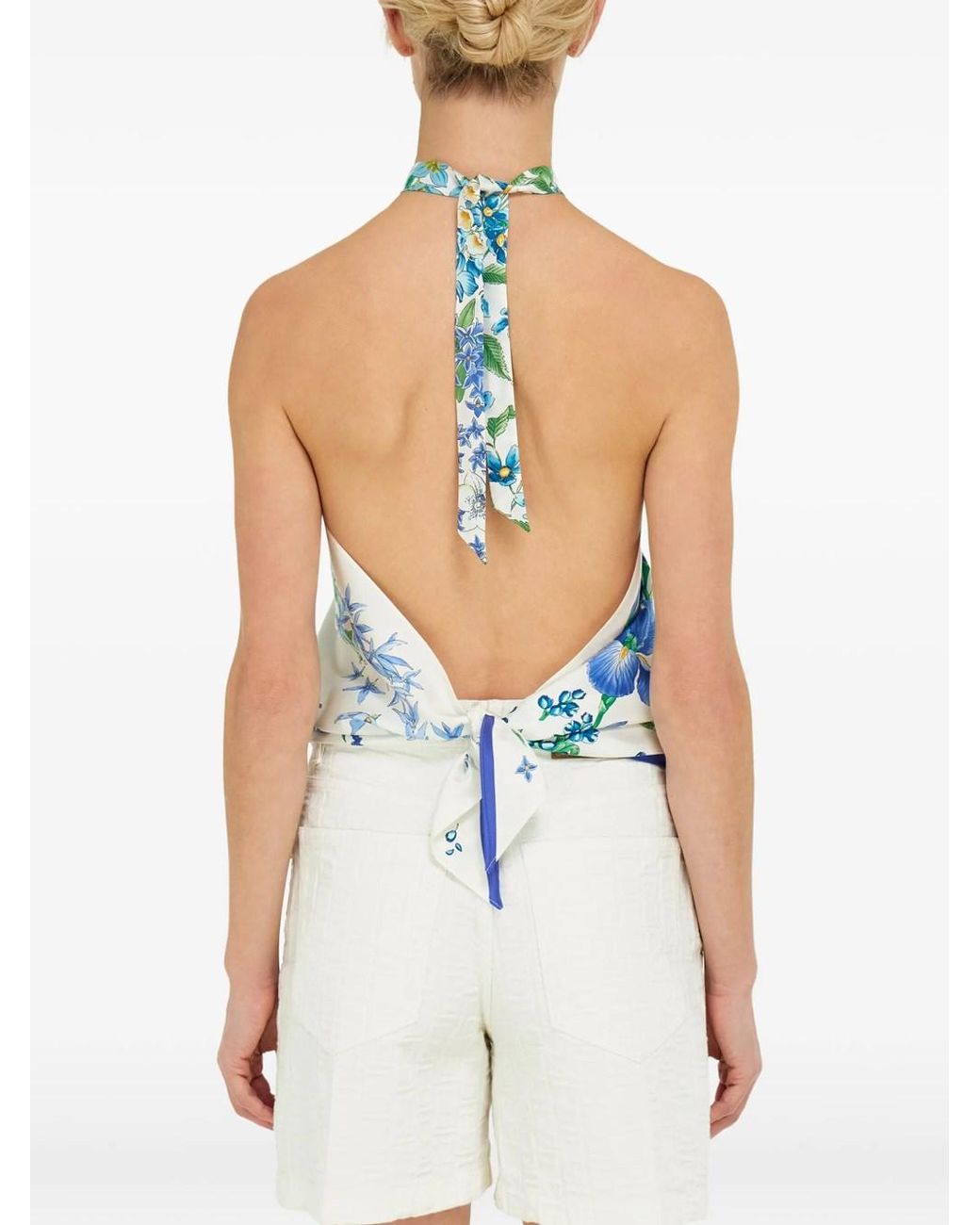 Ferragamo Blue Primavera Print Scarf-Style Top