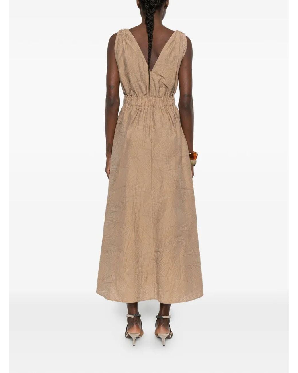 Brunello Cucinelli Natural V-Neck Belted Midi Dress