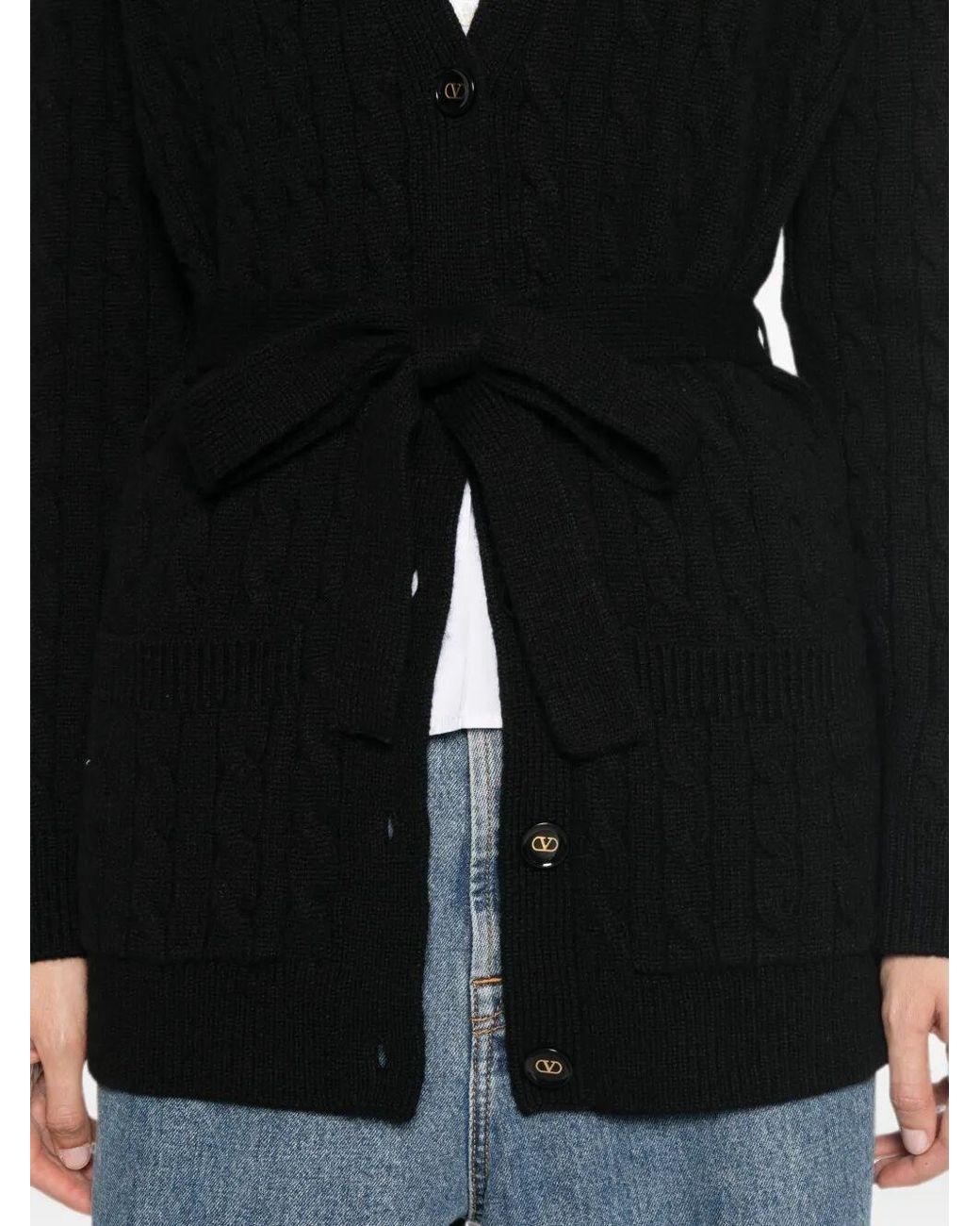 Valentino Garavani Black Cashmere Cable Knit Cardigan With Belt