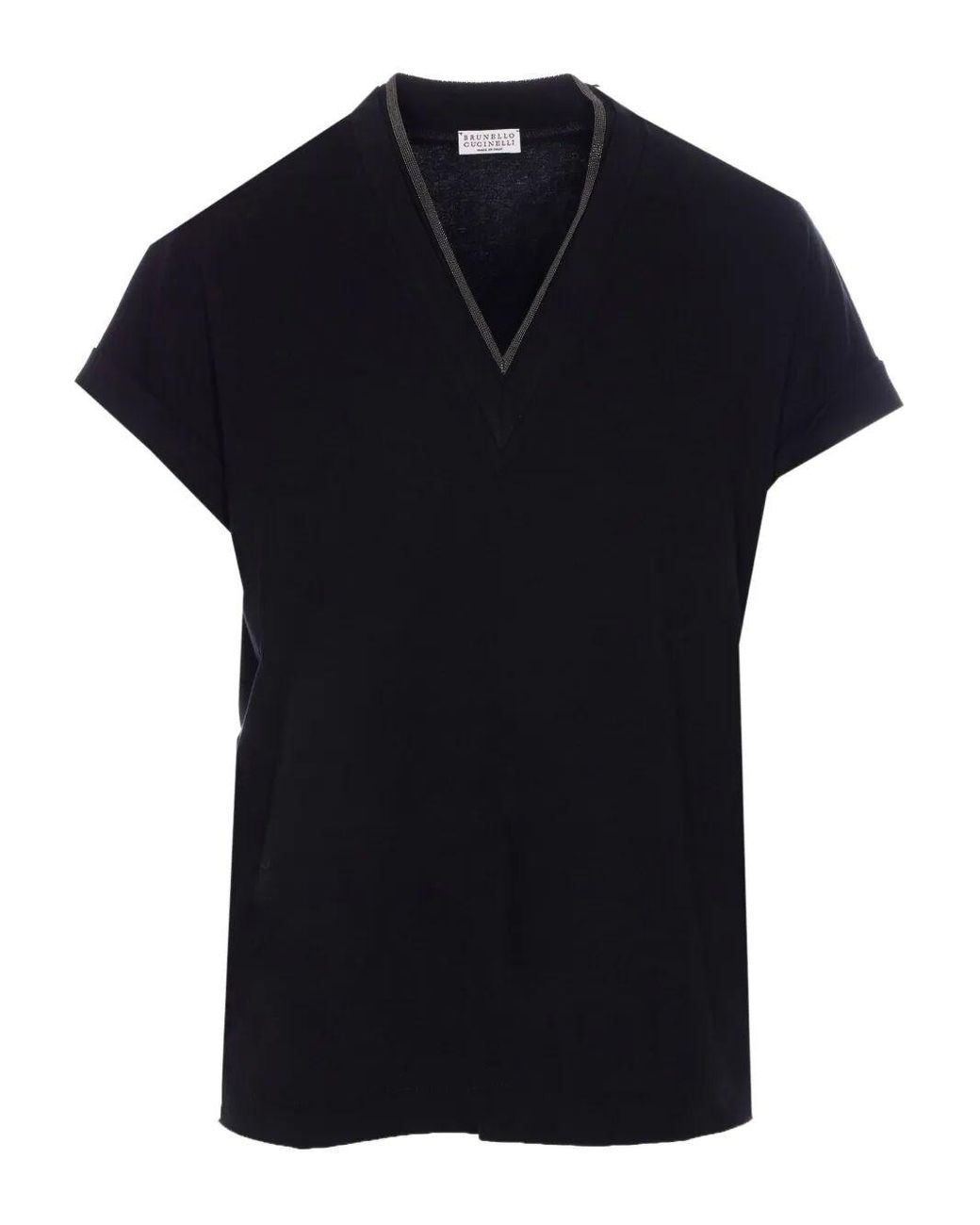 Brunello Cucinelli Black Monili Trim V-Neck Cotton T-Shirt