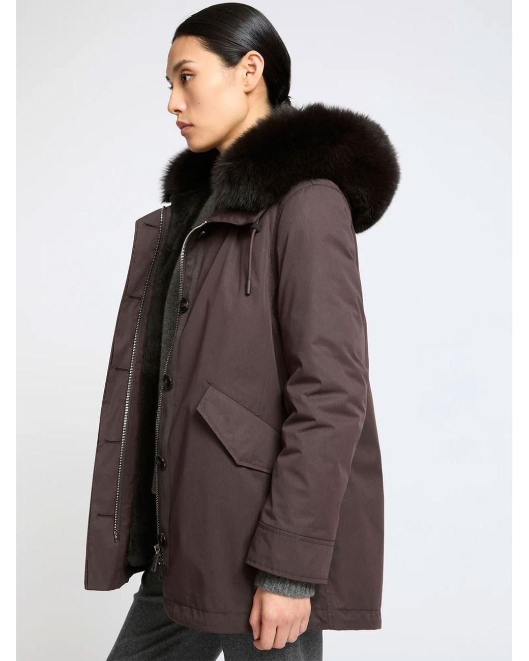 Yves Salomon Brown Iconic Short Water-Repellent Cotton-Blend Parka With Fox
