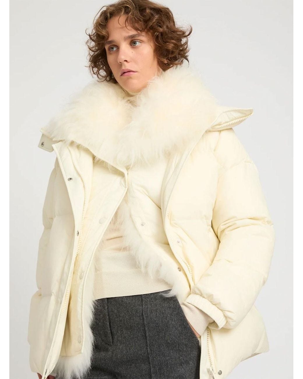 Yves Salomon Natural Ys Army Collection: Mid-Length Down Jacket With Removable Bib And Lambswool Trim