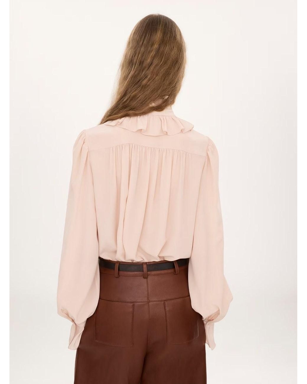 Chloé Pink Ruffle Blouse With Front Tie In Crêpe De Chine