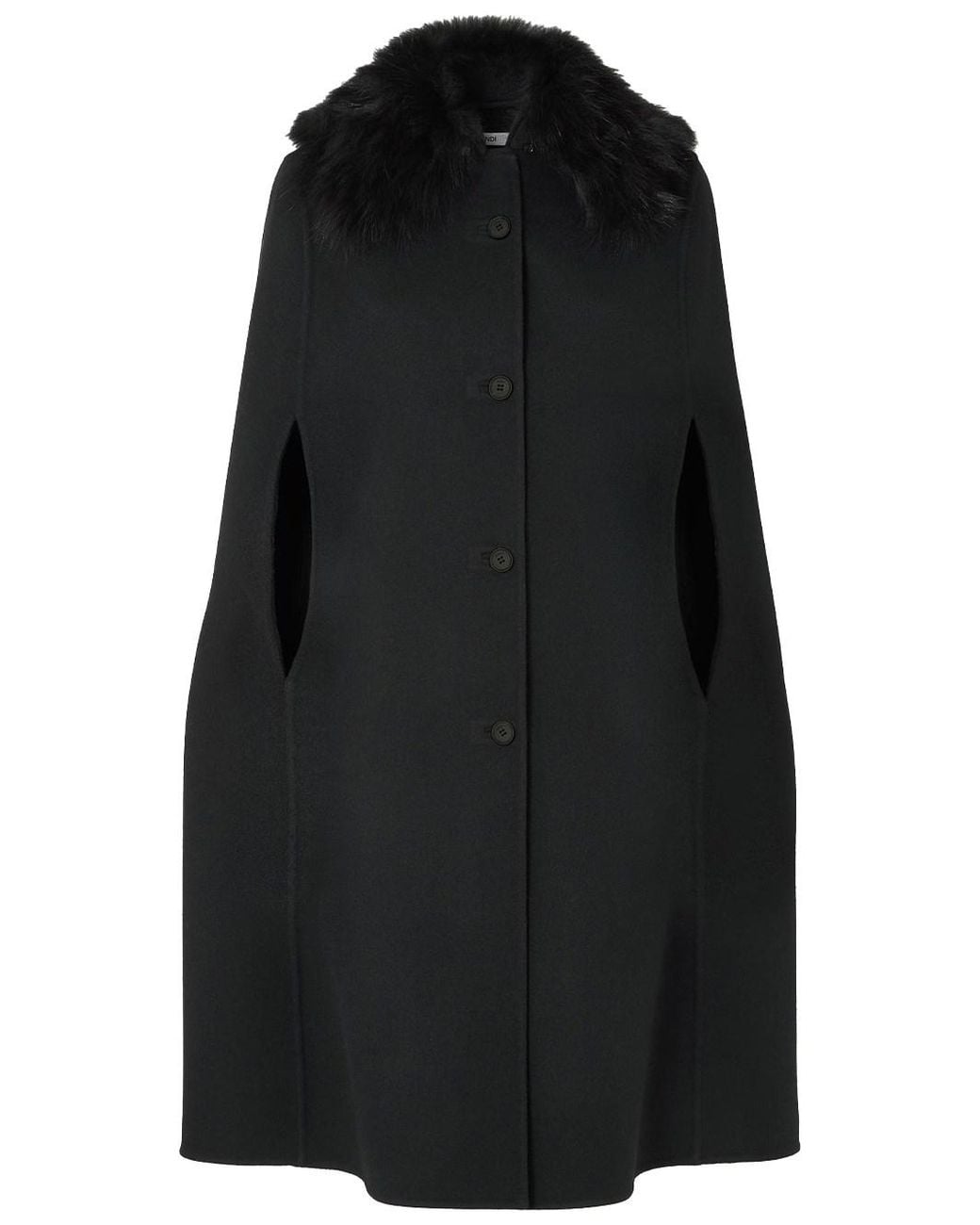 Fendi Black Double Wool Cape With Fur Collar