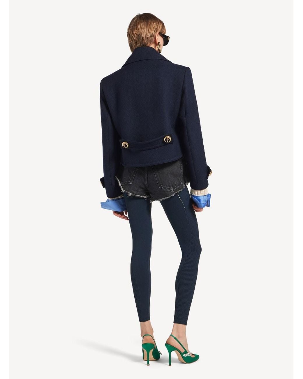 Balenciaga Blue Cropped Textured Wool Peacoat