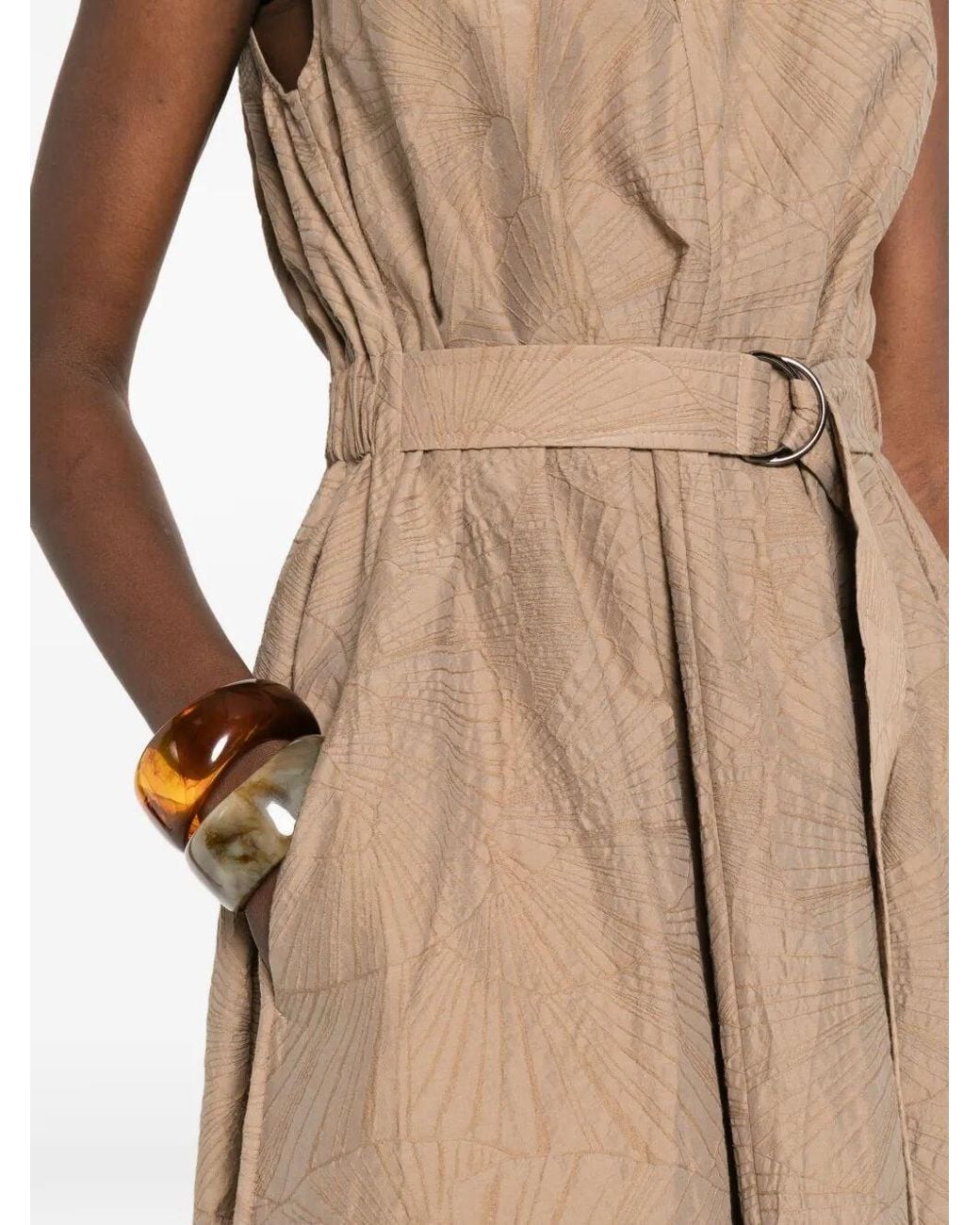 Brunello Cucinelli Natural V-Neck Belted Midi Dress