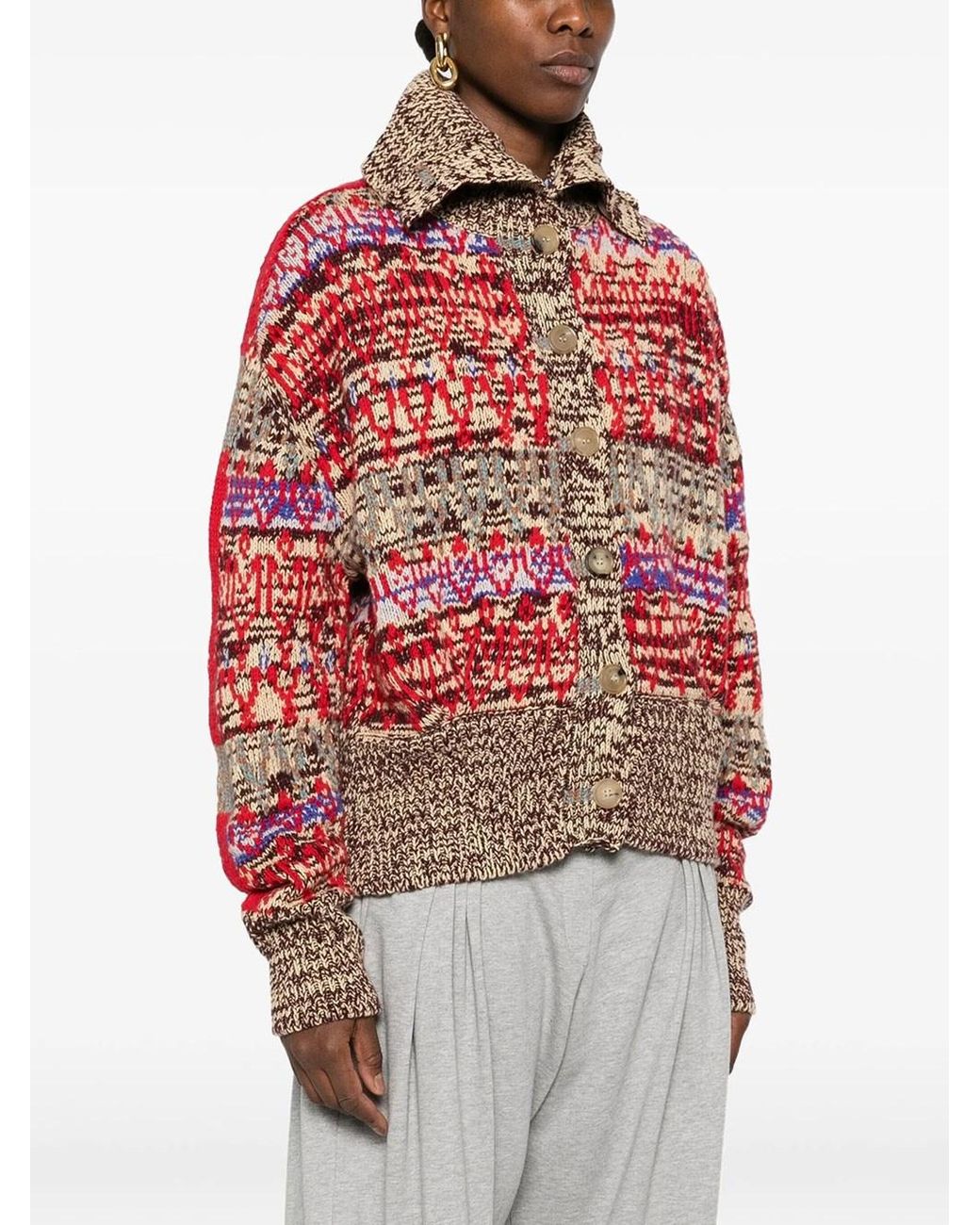Dries Van Noten Red Oversized Jacquard Wool Cardigan
