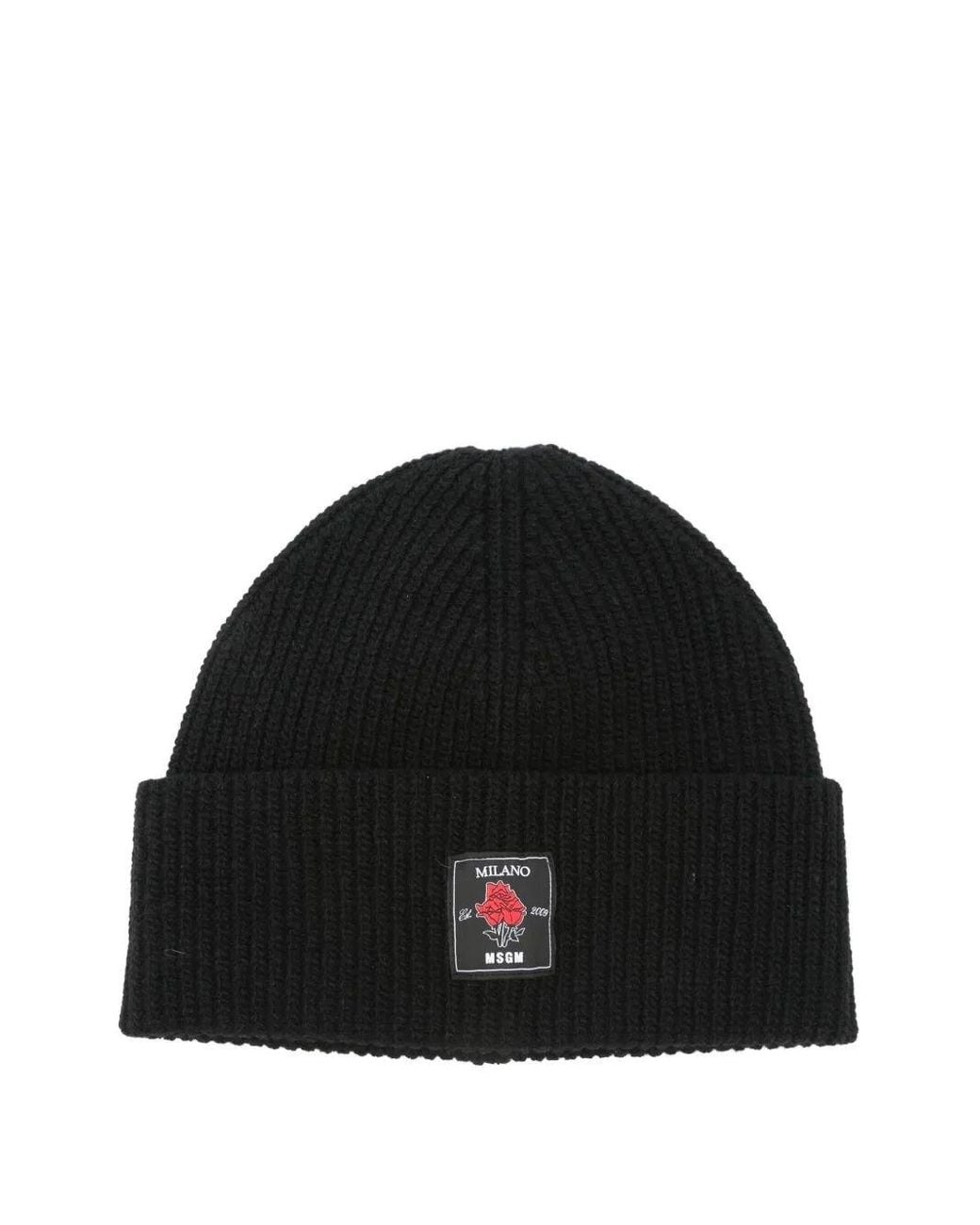 MSGM Black Ribbed Wool Hat for men