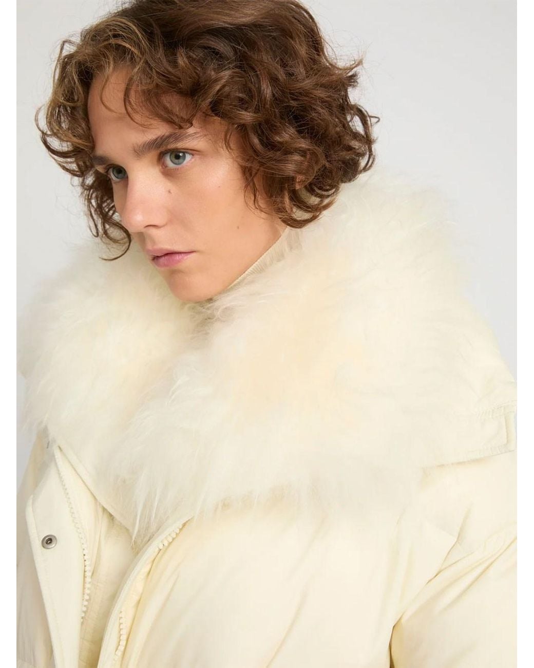 Yves Salomon Natural Ys Army Collection: Mid-Length Down Jacket With Removable Bib And Lambswool Trim