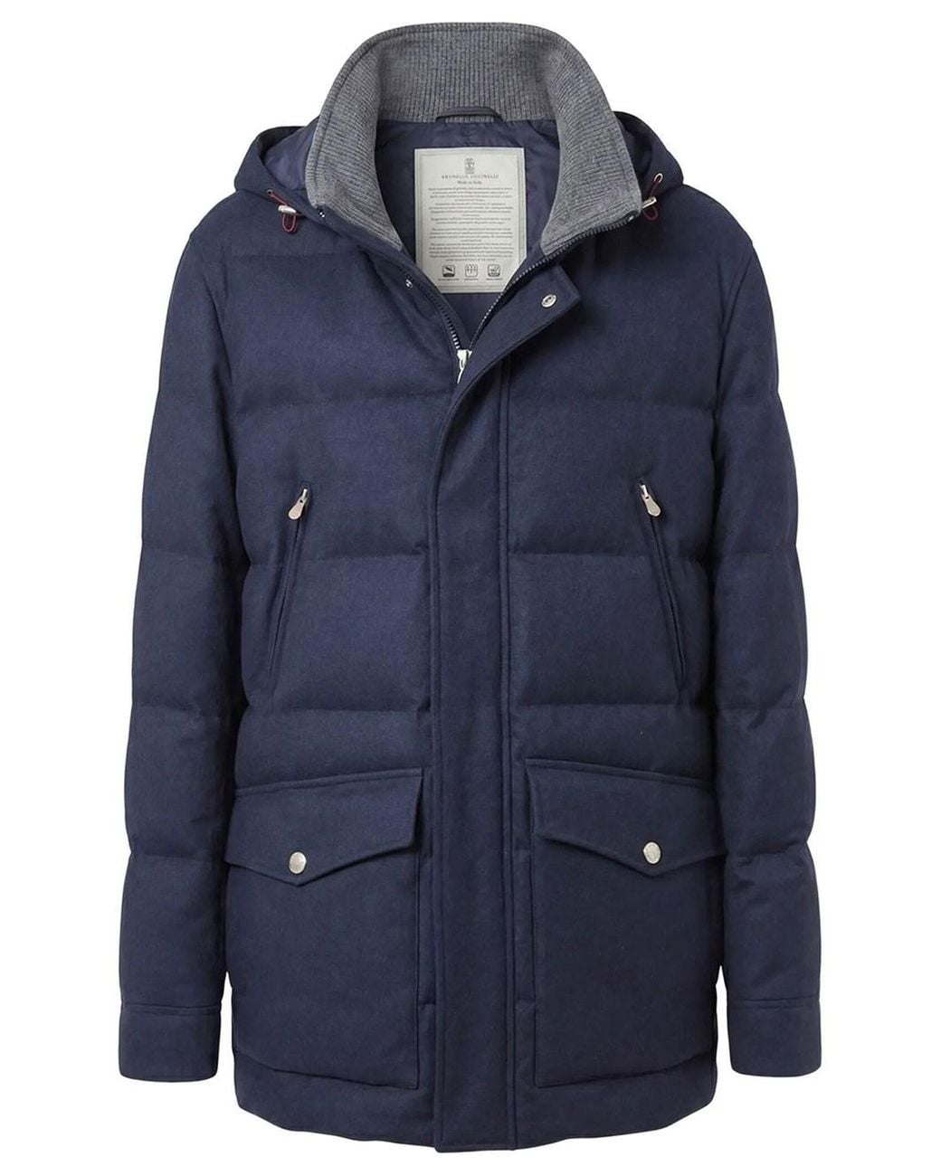 Brunello Cucinelli Blue Bonded Wool Flannel Down Parka With Detachable Hood for men