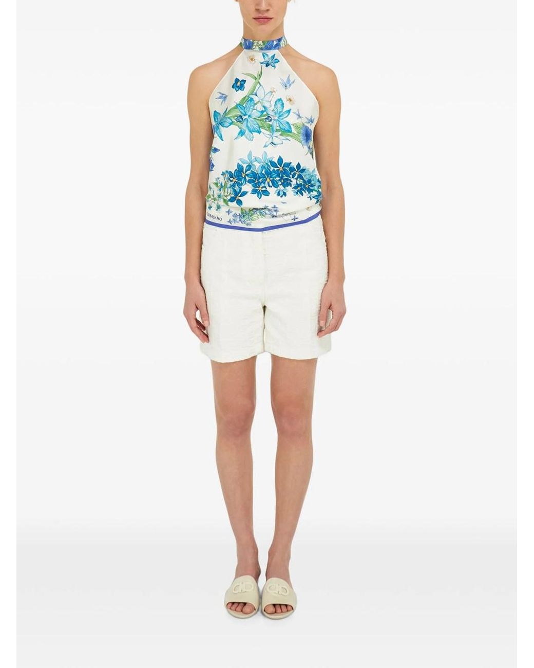 Ferragamo Blue Primavera Print Scarf-Style Top