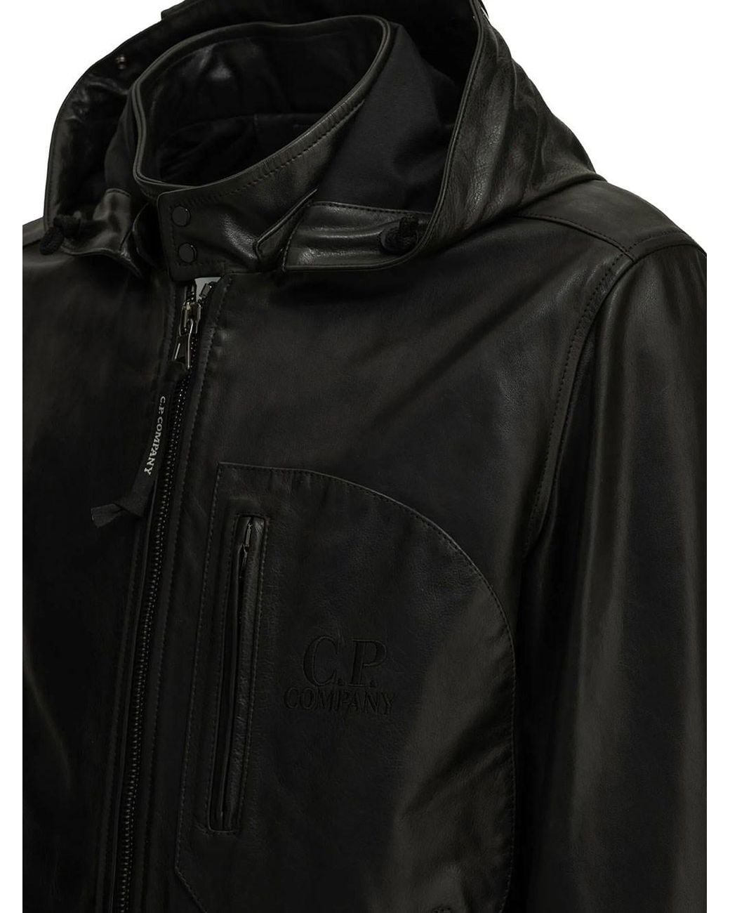 C P Company Black Leather Goggle Jacket for men