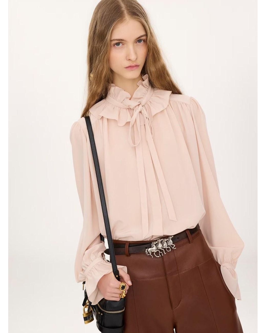 Chloé Pink Ruffle Blouse With Front Tie In Crêpe De Chine