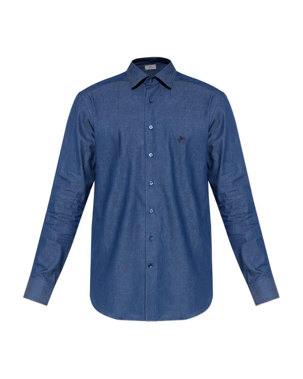 Etro Blue Embroidered-Logo Cotton Shirt for men