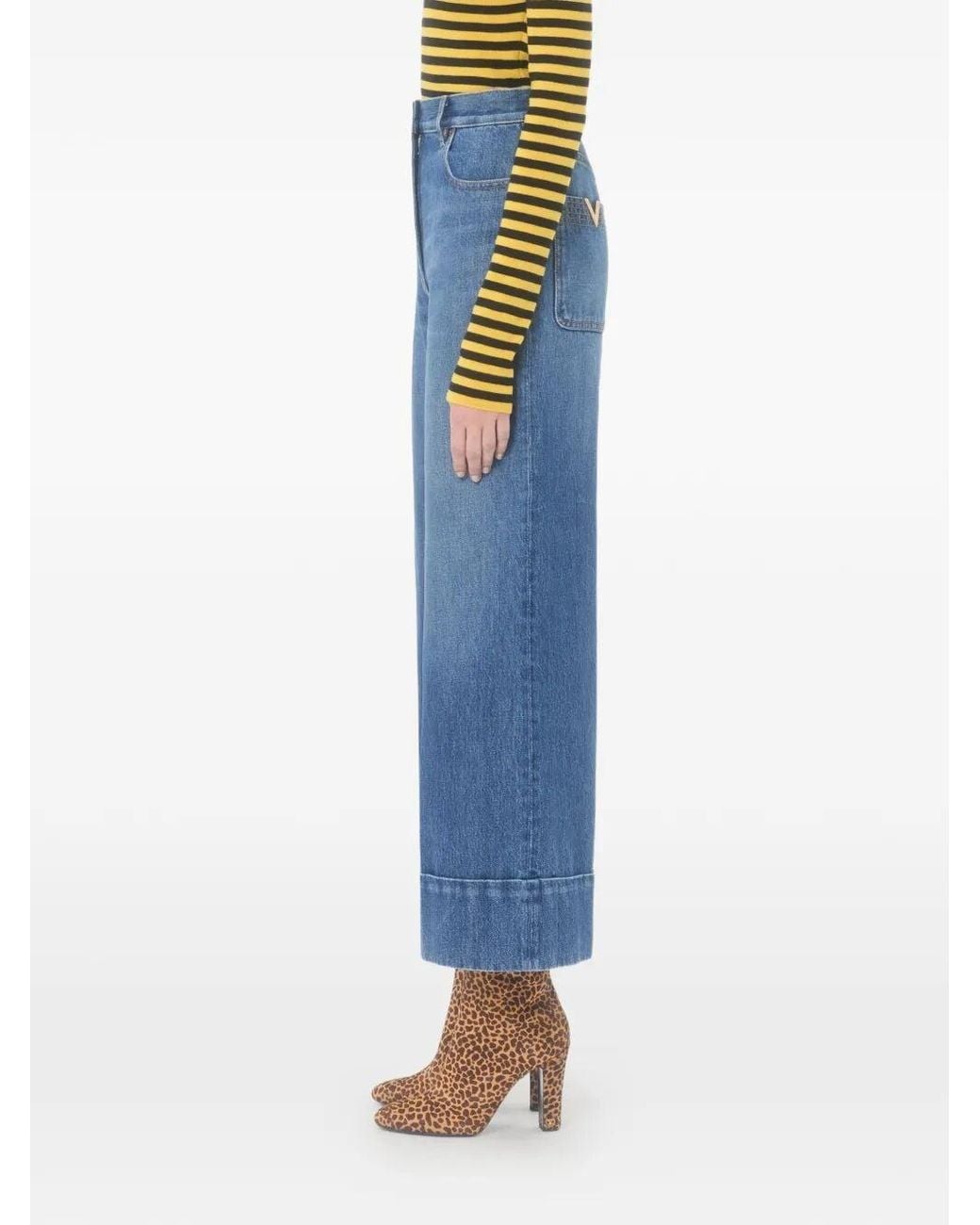 Valentino Garavani Blue Wide Leg Denim Pants With V