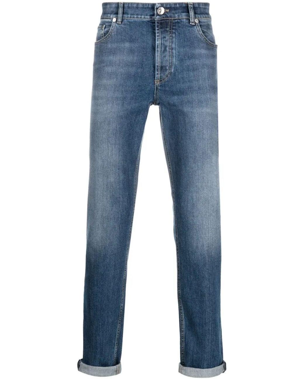 Brunello Cucinelli Blue Traditional Fit Five-Pocket Trousers for men