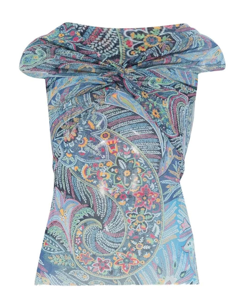 Etro Blue Semi-Sheer Straight Neck Patterned Top