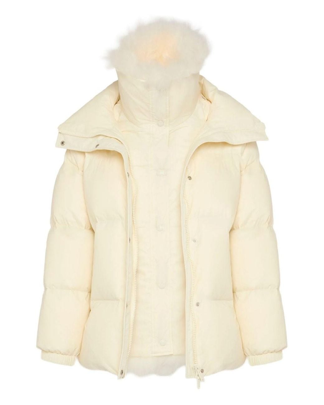 Yves Salomon Natural Ys Army Collection: Mid-Length Down Jacket With Removable Bib And Lambswool Trim
