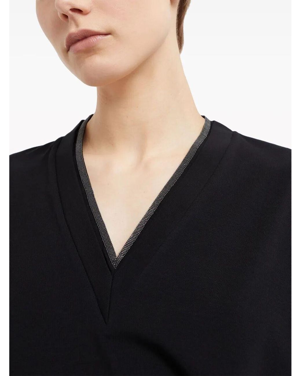 Brunello Cucinelli Black Monili Trim V-Neck Cotton T-Shirt