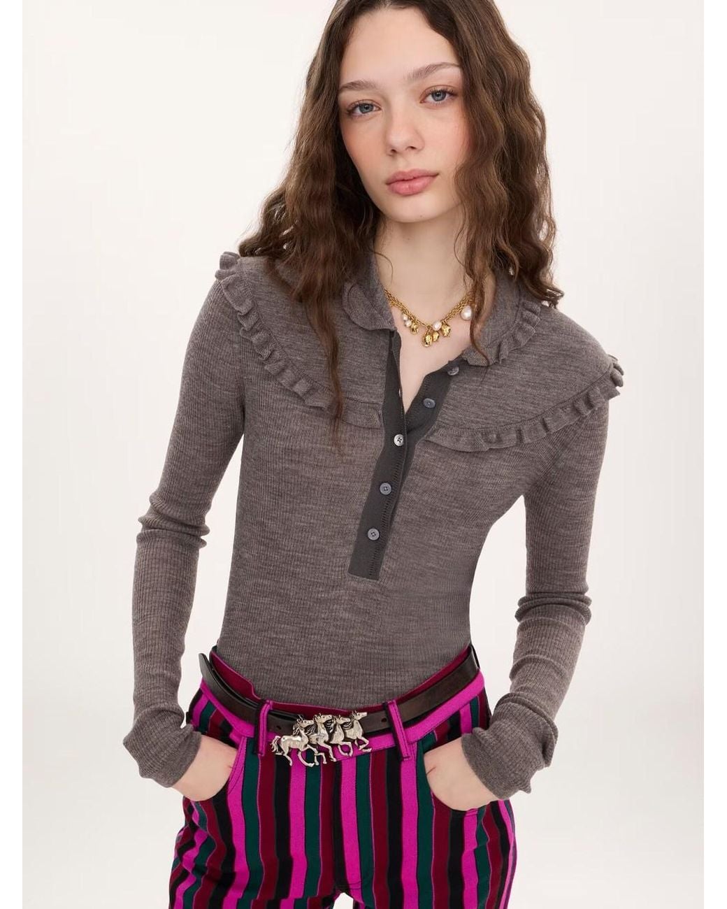 Chloé Gray Slim-fit Henley Shirt In Ultra-thin Wool Knit