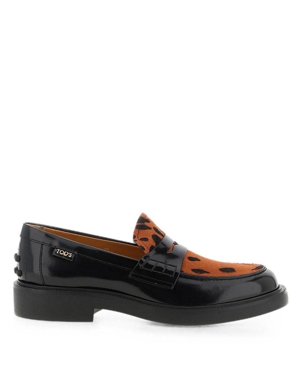 Tod's Black Leather Loafers With Animal-Print Panel