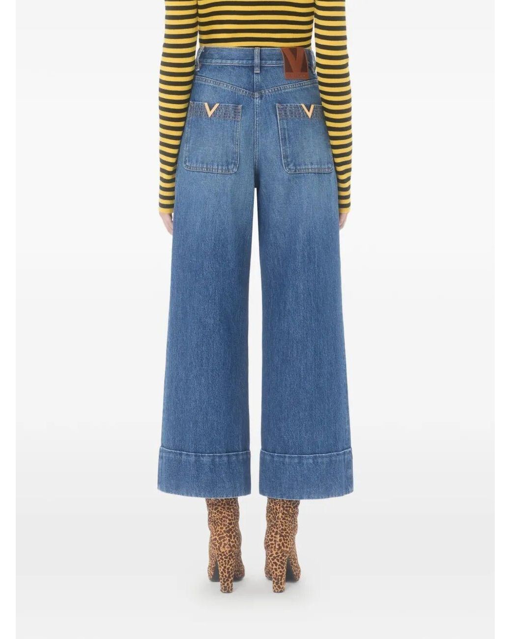 Valentino Garavani Blue Wide Leg Denim Pants With V